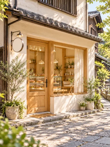 白い壁と木の扉の店の外観