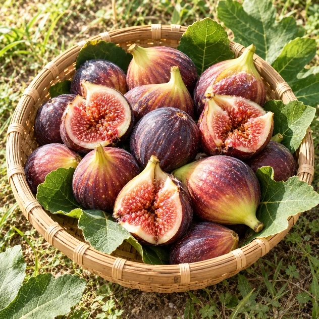 畑で熟した無花果と収穫かご