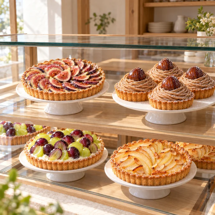 朝のショーケースに並ぶタルト